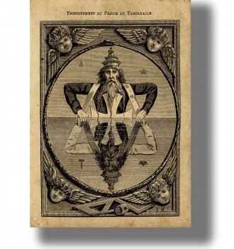 Antique Masonic illustration of a crowned bearded figure mirrored above and below inside a circle with angel heads and symbols.