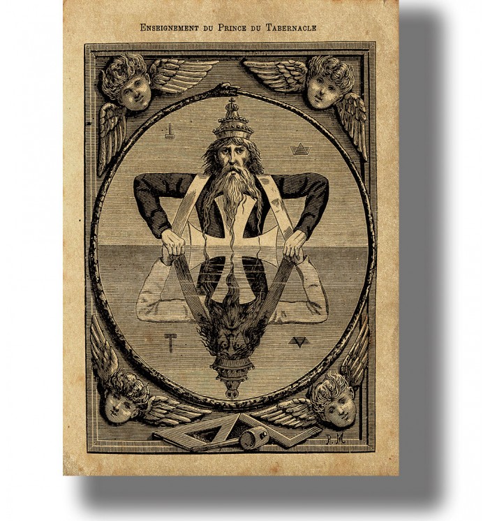 Antique Masonic illustration of a crowned bearded figure mirrored above and below inside a circle with angel heads and symbols.