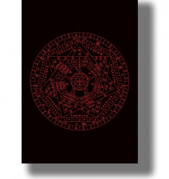 Red Sigillum Dei Aemeth with concentric circles, geometric stars, sacred names and magical lettering on a black background.