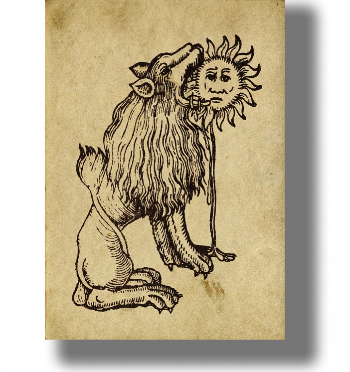 Old alchemical woodcut of a lion biting a human-faced sun on an aged parchment background.