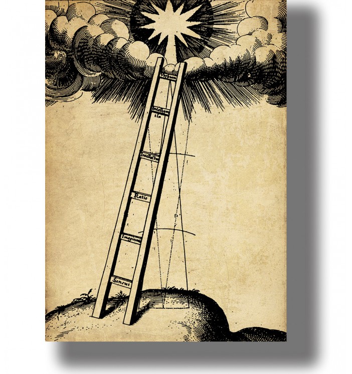 Old metaphysical diagram showing a ladder with stages of human knowledge leading upward toward divine light.
