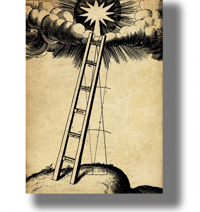 Old metaphysical diagram showing a ladder with stages of human knowledge leading upward toward divine light.