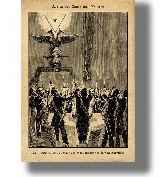 Illustration of Knights Kadosch raising glasses around a triangular table beneath a double-headed eagle and all-seeing eye.