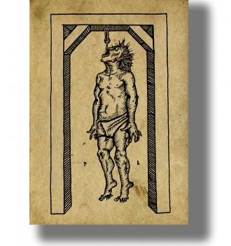 Old engraving showing a tormented man hanging from a hook by the lip inside a simple wooden frame