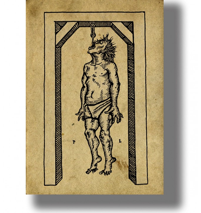 Old engraving showing a tormented man hanging from a hook by the lip inside a simple wooden frame