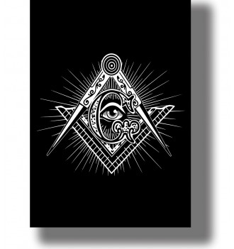 White Masonic square and compasses with a stylized all-seeing eye and radiating lines on a black background.