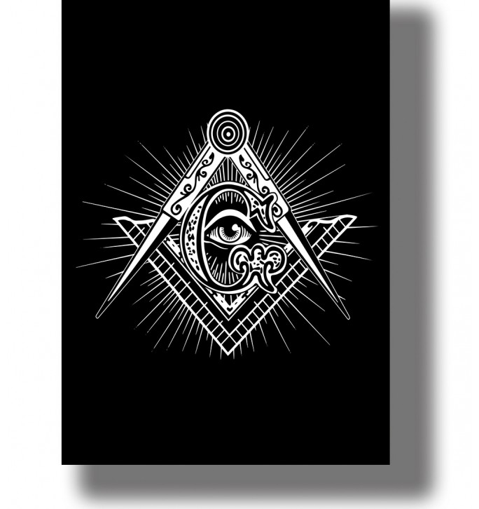 White Masonic square and compasses with a stylized all-seeing eye and radiating lines on a black background.