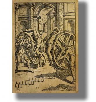 Old engraving showing Christian martyrs bound to large spiked wheels while men turn them beside a burning fire.