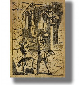 Old engraving showing Christian martyrs being tortured and suspended inside a stone hall while two men pull ropes below.