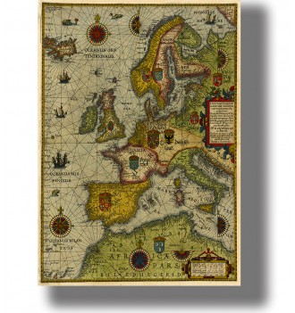 Vintage map of Europe from 1592 with compass roses, ships, and colorful old cartographic details