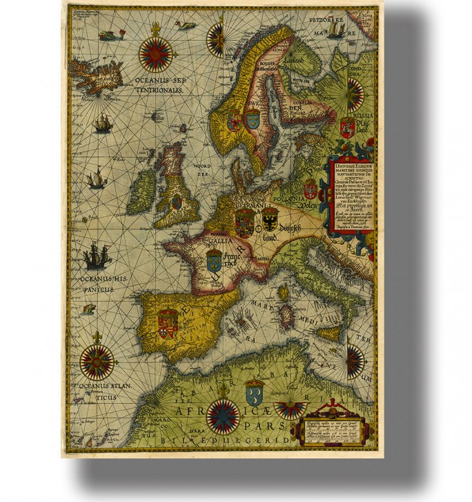 Vintage map of Europe from 1592 with compass roses, ships, and colorful old cartographic details