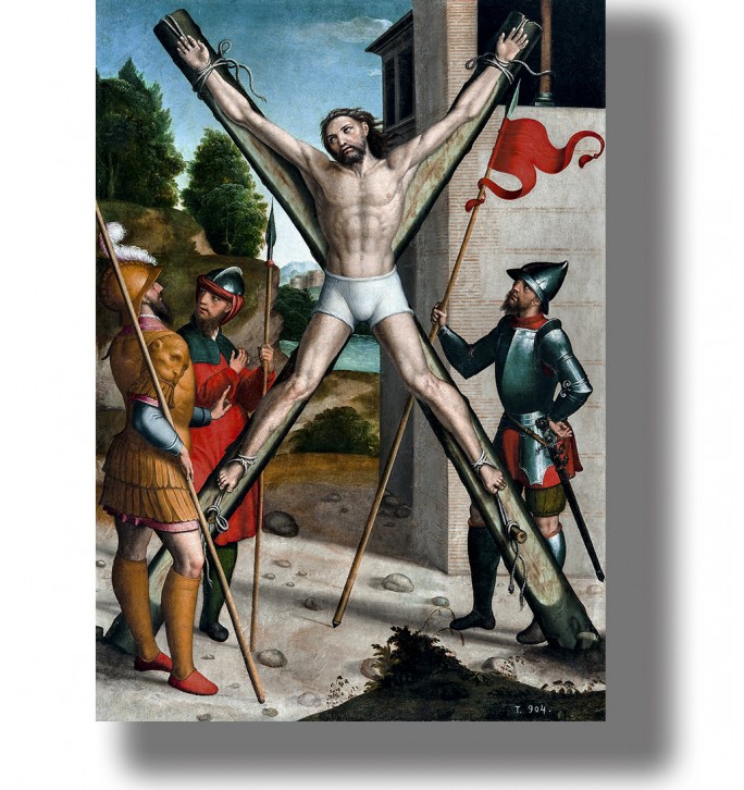 Saint Andrew tied to an X-shaped cross with soldiers beside him in a religious martyrdom scene