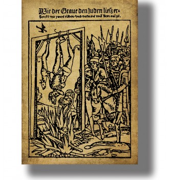 Old German engraving showing an upside-down heretic above flames with soldiers and a crowd beside the scaffold.
