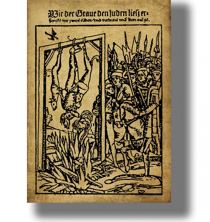 Old German engraving showing an upside-down heretic above flames with soldiers and a crowd beside the scaffold.