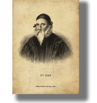 Antique portrait engraving of John Dee with a long white beard, dark cap and robes on an aged paper background