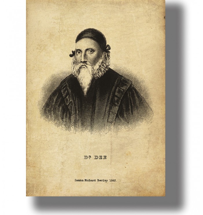 Antique portrait engraving of John Dee with a long white beard, dark cap and robes on an aged paper background