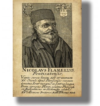 Antique portrait engraving of Nicolas Flamel with a beard, dark cap and robes above a Latin inscription on aged paper.