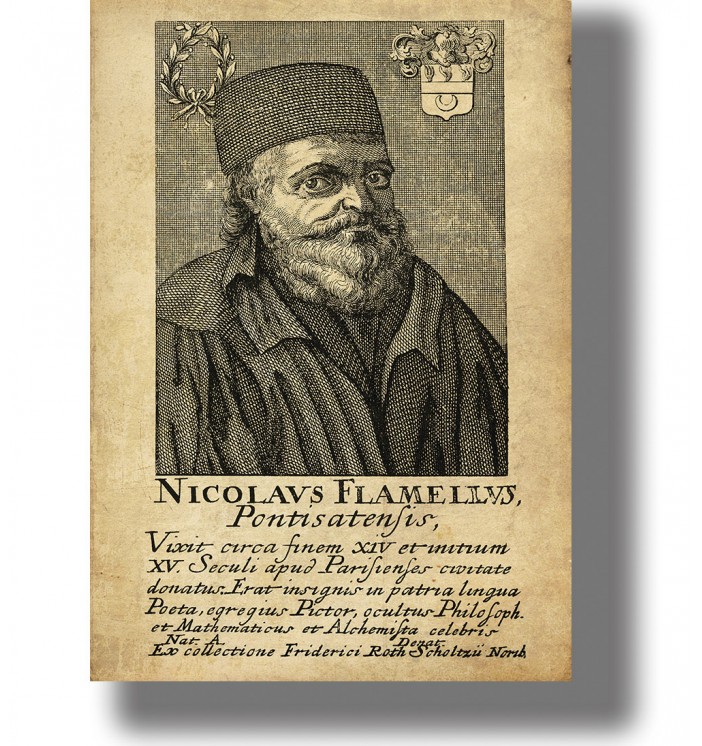 Antique portrait engraving of Nicolas Flamel with a beard, dark cap and robes above a Latin inscription on aged paper.