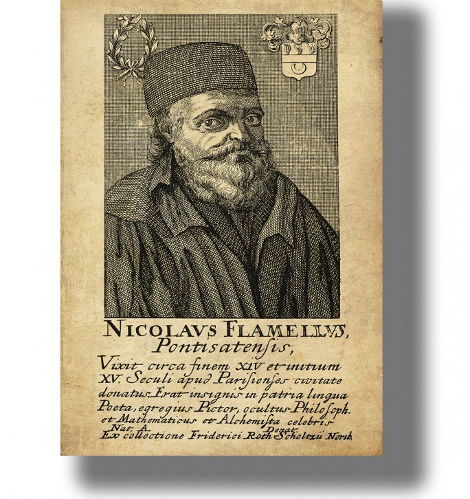 Antique portrait engraving of Nicolas Flamel with a beard, dark cap and robes above a Latin inscription on aged paper.