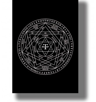 White circular occult seal with geometric stars, angel names and a Hebrew divine name on a black background.