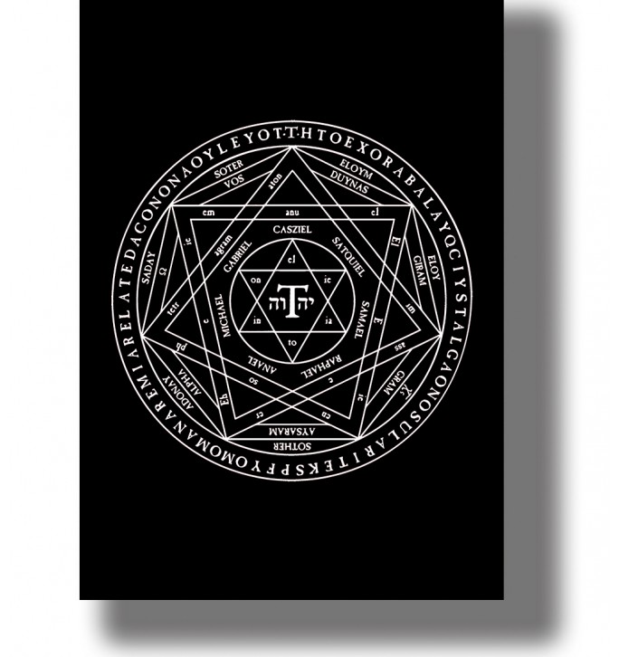 White circular occult seal with geometric stars, angel names and a Hebrew divine name on a black background.