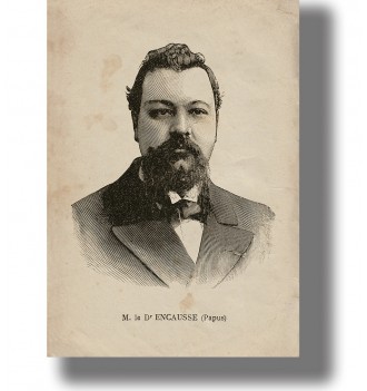 Antique portrait of Papus, Gérard Encausse, with dark beard, suit and bow tie on an aged paper background