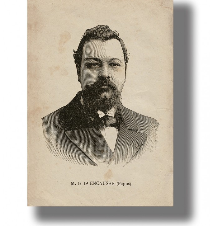 Antique portrait of Papus, Gérard Encausse, with dark beard, suit and bow tie on an aged paper background