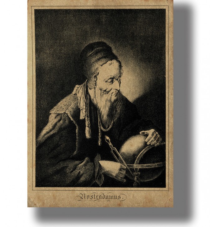 Antique portrait of Nostradamus in dark robes holding a celestial globe and measuring instrument against a black background