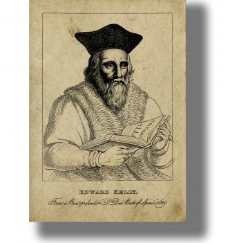 Historical portrait of Edward Kelley with a beard, dark cap, and open book in his hands.