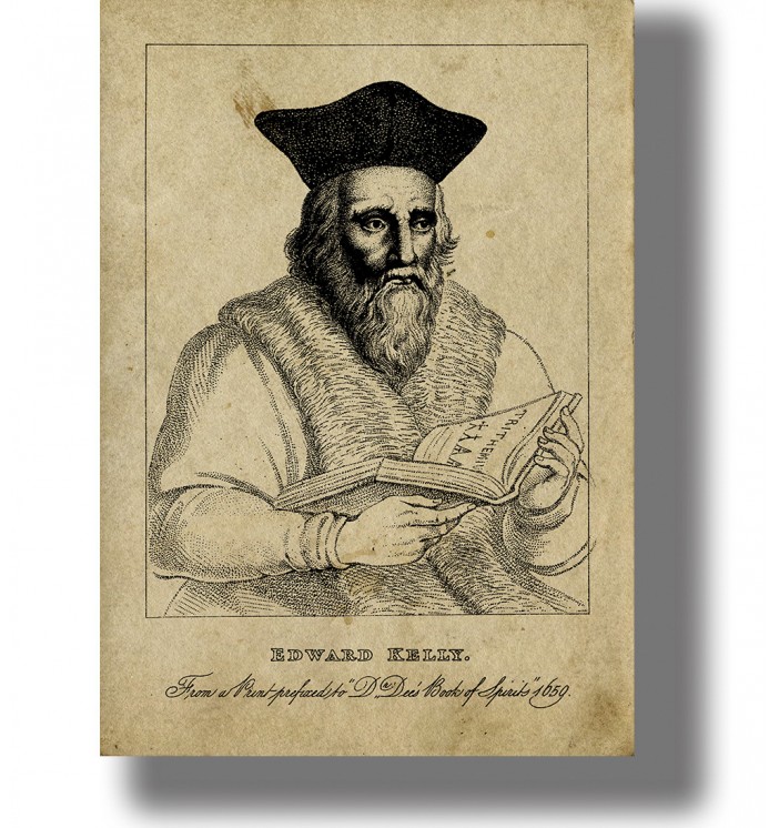 Historical portrait of Edward Kelley with a beard, dark cap, and open book in his hands.
