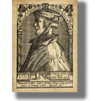 Antique portrait engraving of Heinrich Cornelius Agrippa in profile wearing a Renaissance cap and robes with Latin inscriptions