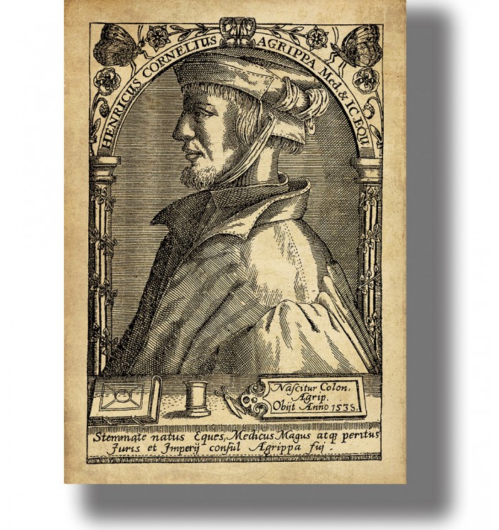Antique portrait engraving of Heinrich Cornelius Agrippa in profile wearing a Renaissance cap and robes with Latin inscriptions