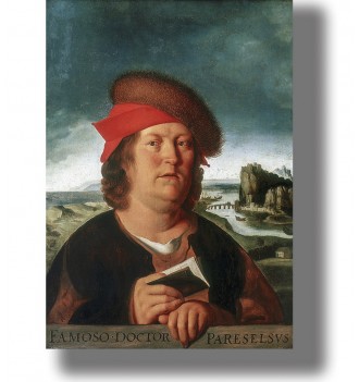 Renaissance portrait of Paracelsus wearing a red hat and dark robe, holding a small book against a coastal landscape
