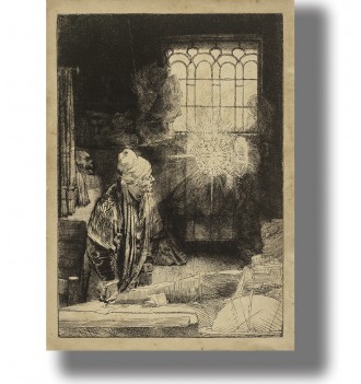 Rembrandt engraving showing an elderly scholar in his study looking toward a glowing circular symbol beside a large window