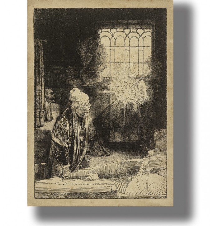 Rembrandt engraving showing an elderly scholar in his study looking toward a glowing circular symbol beside a large window