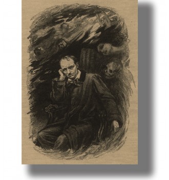 Charles Baudelaire seated in a chair surrounded by ghostly faces and a skull in a dark engraved illustration