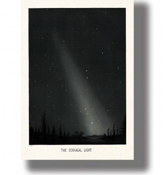Vintage astronomy illustration showing zodiacal light rising above a dark horizon beneath a wide star-filled night sky.