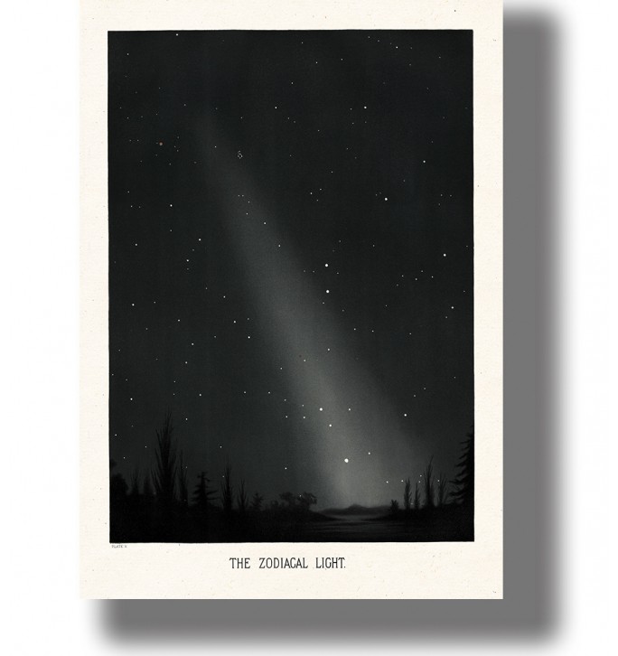 Vintage astronomy illustration showing zodiacal light rising above a dark horizon beneath a wide star-filled night sky.