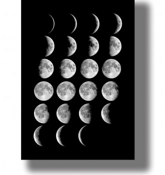 Black and white sequence of Moon phases showing the lunar cycle from a thin crescent through the full moon and back again.