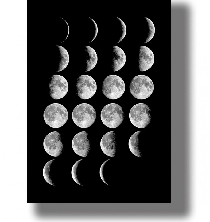 Black and white sequence of Moon phases showing the lunar cycle from a thin crescent through the full moon and back again.