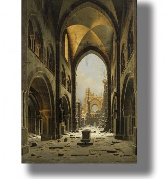 Ruined gothic church interior with arches and columns, warm light, and snow visible through a large archway.