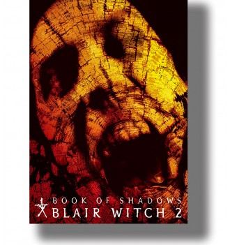Book of Shadows Blair Witch 2 movie poster with a dark face silhouette and orange stone texture background
