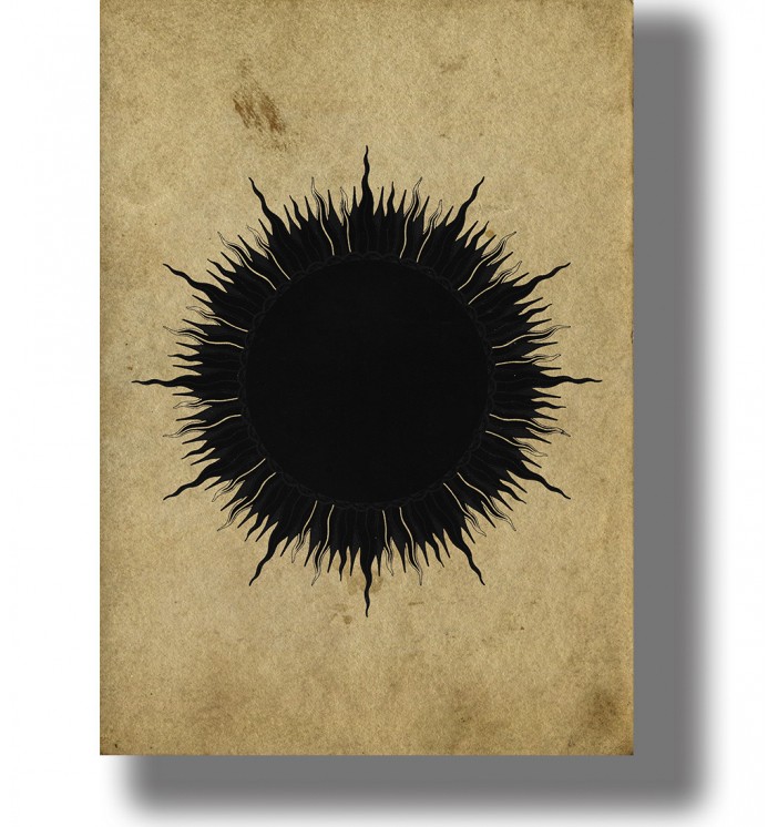 Black solar disk surrounded by long flame-like rays on an aged parchment background.