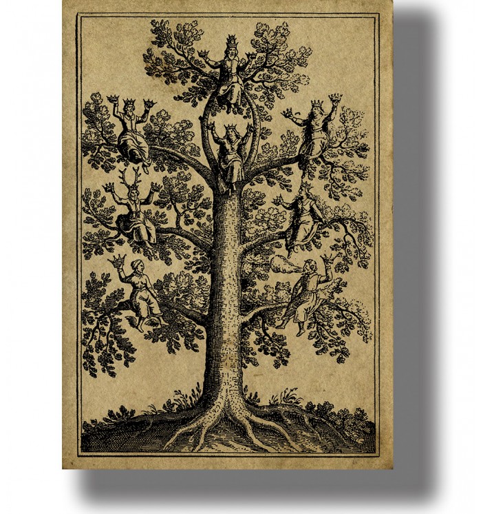 Pagan gods sit on the World Tree Yggdrasil.