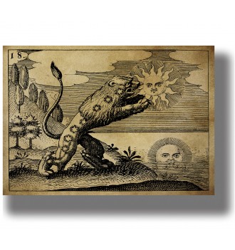 Antique alchemical illustration of a lion reaching toward a human-faced sun above a landscape.