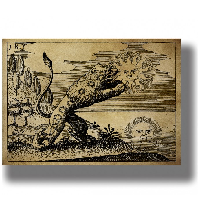 Antique alchemical illustration of a lion reaching toward a human-faced sun above a landscape.