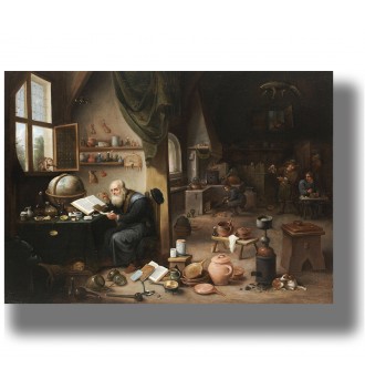 Old alchemist seated beside books and a globe in a crowded laboratory with glassware, pots and assistants.