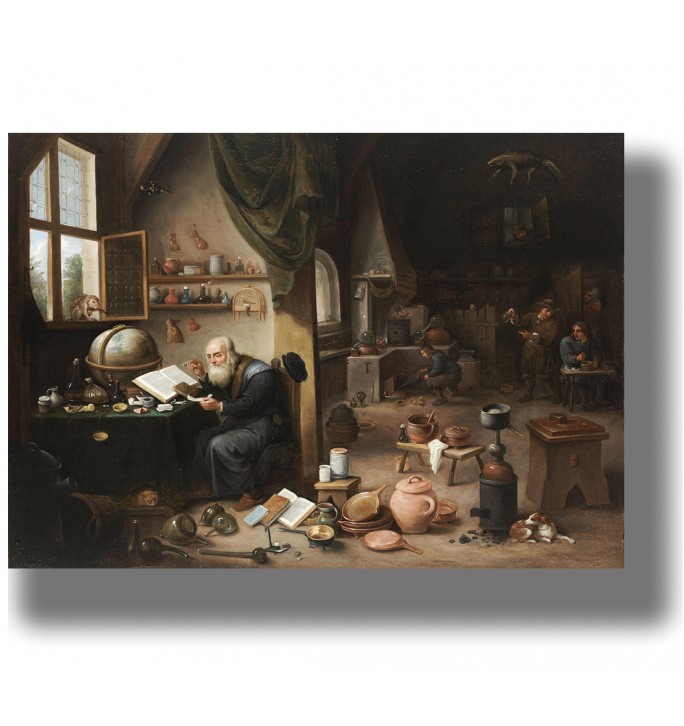 Old alchemist seated beside books and a globe in a crowded laboratory with glassware, pots and assistants.