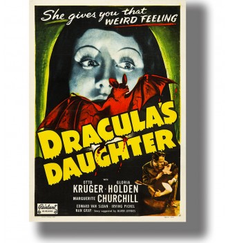 Vintage film poster showing a large bat, a frightened woman’s face, and the title Dracula’s Daughter.