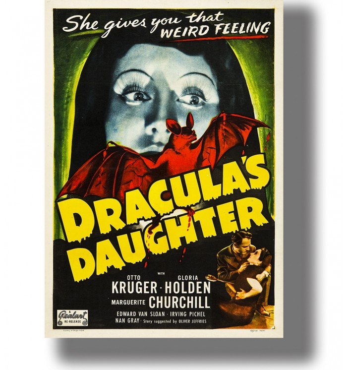 Vintage film poster showing a large bat, a frightened woman’s face, and the title Dracula’s Daughter.